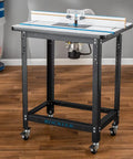 Built Like A Tank Router Table Stand Kit In Matte Black with wheels for mobility and sturdy support for woodworking.