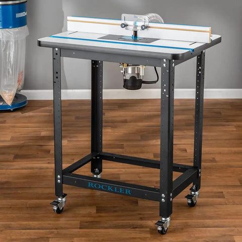 Built Like A Tank Router Table Stand Kit In Matte Black with wheels for mobility and sturdy support for woodworking.
