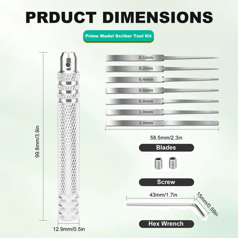 Product dimensions of Professional Grade Seven Piece Alloy Scribing Tool Kit With Hella Sharp Micro Blades for precise detailing.