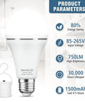 Rechargeable Emergency Light Bulbs With 1500mAh Battery Backup For Power Outages 15W 80W Equivalent LED Bulbs 6500K Daylight 4 Pack