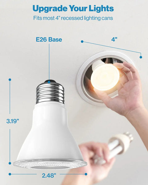Person installing 10 Pack PAR20 LED Bulbs 50W Equivalent 7W Dimmable Flicker Free, CRI90 3000K Warm White into recessed lighting, E26 Base