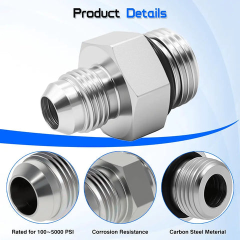 Hydraulic Hose Connector Three Eighths Inch JIC Thirty Seven Degree Flare Male To One Half Inch SAE ORB Male Adapter For No Drip Leak Free Easy Install High Pressure Hydraulic Line Connections Straight Fitting For JIC To O Ring Boss Systems, carbon steel