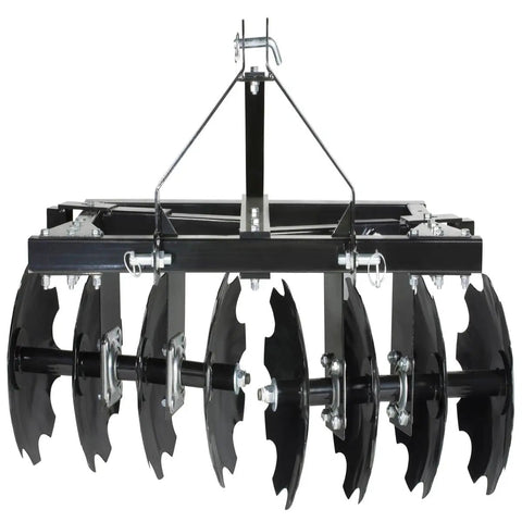 Front view of Cat 0 Disc Plow Harrow for Compact Tractors, 54 inch wide with 8 hardened steel disc blades, steel frame