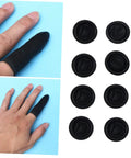 1000 Piece Black Latex Finger Sleeves block sneaky sweat smudges and greasy fingerprints shown on hand and background.