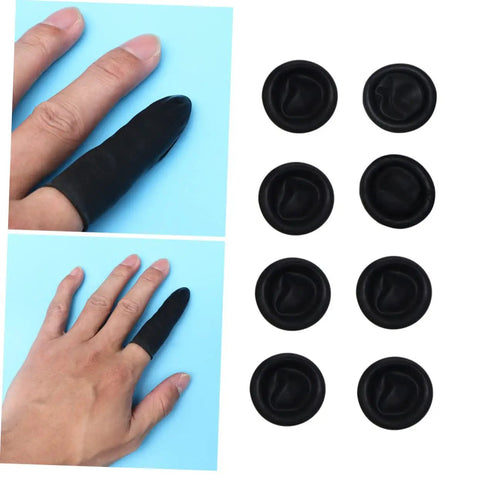 1000 Piece Black Latex Finger Sleeves block sneaky sweat smudges and greasy fingerprints shown on hand and background.
