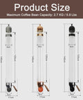No Fuss Wall Mounted Coffee Bean Dispenser With Sturdy Borosilicate Glass showing three sizes with dimensions for coffee bean capacity.