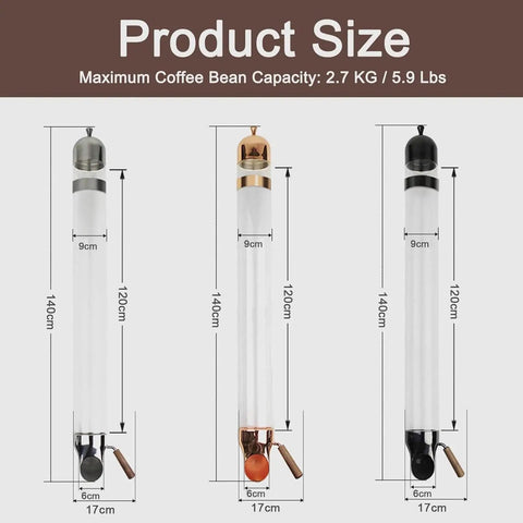 No Fuss Wall Mounted Coffee Bean Dispenser With Sturdy Borosilicate Glass showing three sizes with dimensions for coffee bean capacity.