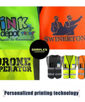 Top Shelf High Visibility Reflective Safety Vest With Heavy Duty Zipper And Deep Storage Pockets Custom Business Logo in various colors and designs.
