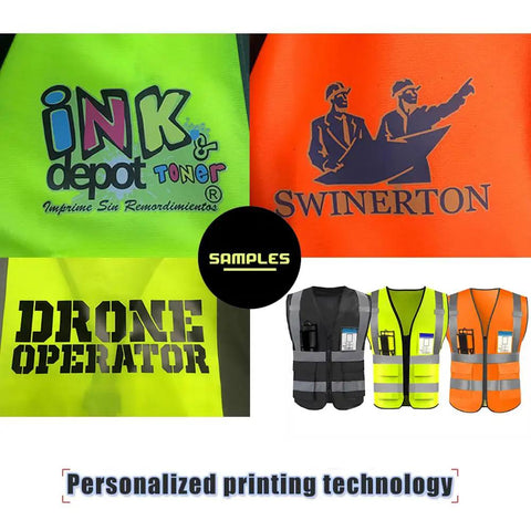 Top Shelf High Visibility Reflective Safety Vest With Heavy Duty Zipper And Deep Storage Pockets Custom Business Logo in various colors and designs.