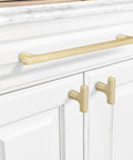 10 Pack 5 Inch Hole Centers Brushed Brass Cabinet Handles Gold Finished Kitchen Cabinet Pulls installed on white cabinet