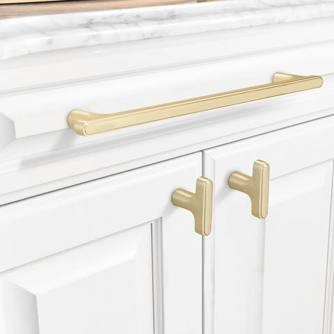 10 Pack 5 Inch Hole Centers Brushed Brass Cabinet Handles Gold Finished Kitchen Cabinet Pulls installed on white cabinet