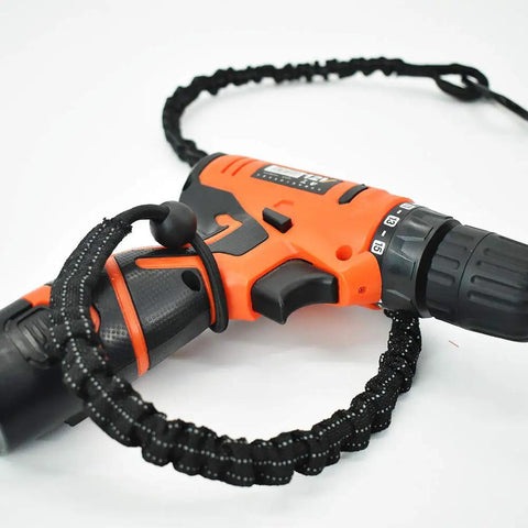 Tool Lanyard 10 Pack Safety Tool Leash securing an orange power drill, showcasing fall protection gear for tools construction carpentry.