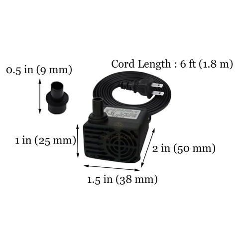 Mini Submersible Water Pump For Small Pet Fountains And Aquariums dimensions shown with 6 ft cord and 0.5 in nozzle attachment.