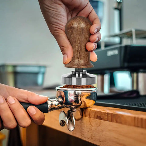 51mm Espresso Tamper Set With 30 Lb Consistent Pressure, Spring Loaded Calibrated Tamper in use on portafilter at home espresso machine