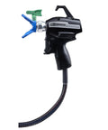 Badass Cordless Airless Paint Sprayer With Instant Electric Trigger, ergonomic pistol grip, blue nozzle, flexible hose.