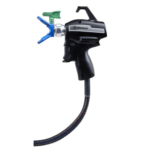 Badass Cordless Airless Paint Sprayer With Instant Electric Trigger, ergonomic pistol grip, blue nozzle, flexible hose.
