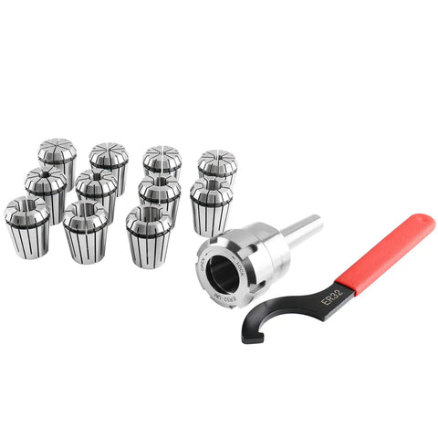 MT2 Shank ER32 Chuck Kit With Eleven Collets From One Eighth To Three Quarter Inch Increments In Sixteenth Inch Morse Taper Collet System Pro Grade Alloy Steel 0.0005 Inch Accuracy For End Mills Drills Reamers, ER32 collets and wrench