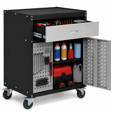 Mobile Garage Storage Cabinet With Wheels Pegboard Drawer And Adjustable Shelf For Tools And Hardware Built In Door Pegboard For Hanging Heavy Duty Easy Roll Metal Tool Cabinet For Workshop Organization open