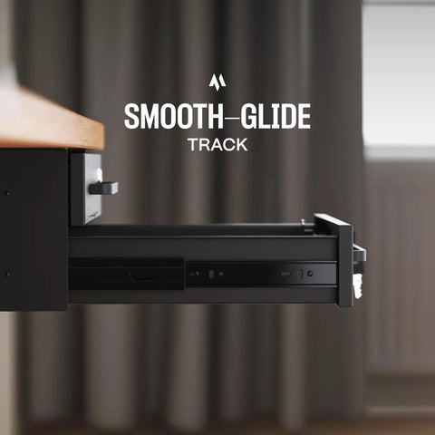 Side view of Undermount Under Desk Drawer Slide Out Lockable Metal Storage With Built In Cable Management open under desk