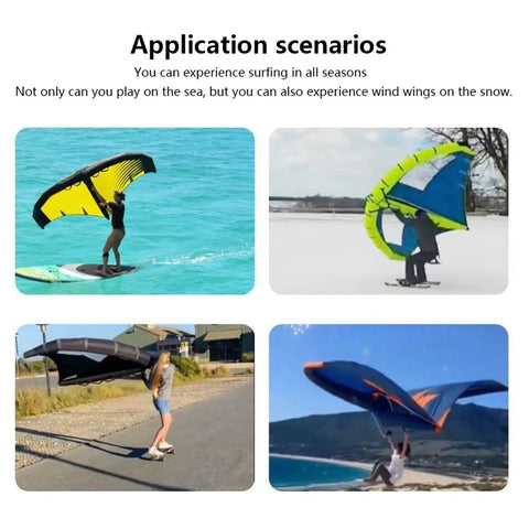 People using 6 Square Meters Foil Wing Kite For Wing Foiling Inflatable Wingsurfer with Storage Bag and Surf Leash in various settings