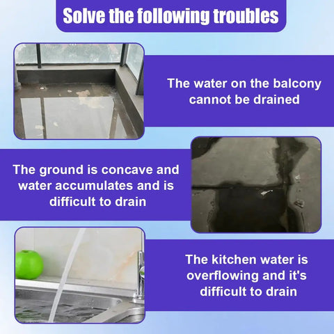 Image showing issues with water drainage on a balcony, kitchen, and concave ground, highlighting maintenance troubles.