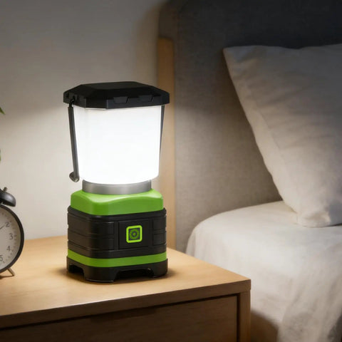 LED Camping Lantern Battery Powered Lights Portable Lanterns beside bed illuminating room
