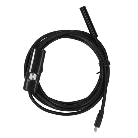 Solid Usb Industrial Endoscope With Six Bright Led Lights And Seven Millimeter Waterproof Probe, black cable with control button.