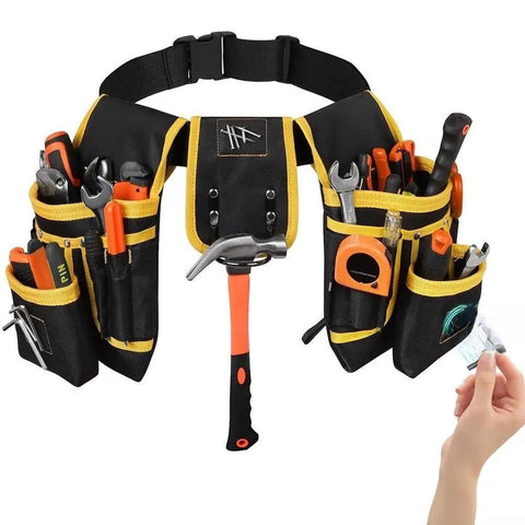 Adjustable Tool Waist Belt With 26 Pockets And Strong Magnets For Holding Hammers Tape Measures Screwdrivers Drills And More On Job Sites Or Home Projects Built From Thick Abrasion Resistant Canvas For Daily Heavy Duty Use, black and yellow canvas tool belt with hammer holder
