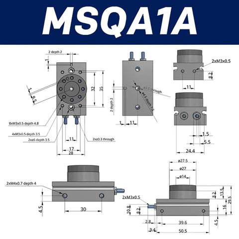 Technical schematic of MSQA MSQB series Pneumatic Rotary Cylinder Double Acting Air Table Actuator dimensions and design