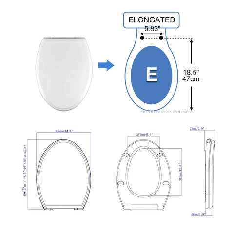Dimensions and diagrams of elongated toilet seat with cover, oval shape, quiet close mechanism, and one-click release feature.