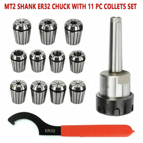 11 Piece ER32 Collet Set With MT2 Shank For Milling Machines Pro Grade Precision 0.0005 Tolerance Hardened Alloy Kit