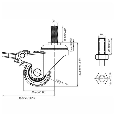 Smooth Rollin 1 Inch Stem Casters Set Of 4 Premium Mini Universal Wheels With M6x15mm Thread dimensions diagram view