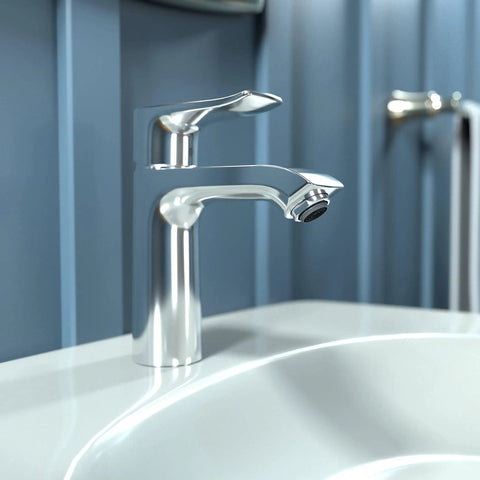 Metris Modern 1-Handle 7-Inch Tall Bathroom Sink Faucet In Chrome With EcoRight Water-Saving Tech, 1.2 GPM Flow, angled view