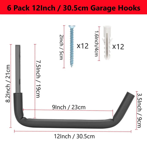 6 pack 12 inch heavy duty wall mounted ladder hooks with hardware for garage storage and utility organizer