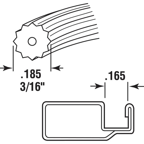 Diagram showing Screen Retainer Spline 0.185 Inch Diameter Three Sixteenths Inch Thick Black Vinyl Roll 250 Feet Serrated.