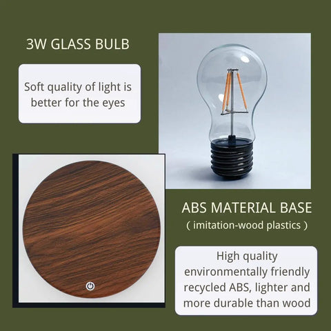 Levitating Bulb Lamp with magnetic floating light, glass bulb, and ABS material base for home office and desk decor.