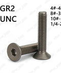 Top Shelf Tough As Nails Titanium Grade Gr2 Hex Socket Countersunk Flat Head Screws UNC threads with sizes displayed.