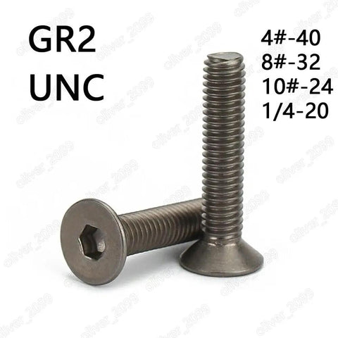 Top Shelf Tough As Nails Titanium Grade Gr2 Hex Socket Countersunk Flat Head Screws UNC threads with sizes displayed.