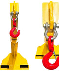 Hella Tough 11000 Pound Forklift Jib Boom Crane With Fully Telescopic Arm And Truss Hoist Hook close-up of lifting hook and arm, yellow steel construction.