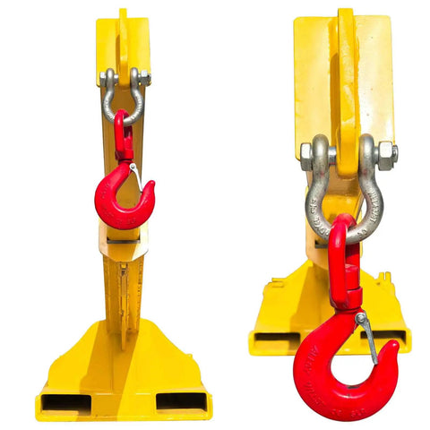 Hella Tough 11000 Pound Forklift Jib Boom Crane With Fully Telescopic Arm And Truss Hoist Hook close-up of lifting hook and arm, yellow steel construction.