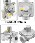 Front view of 1/2-in gas pressure regulator with brass 1/2-in NPT adapters; silver body and yellow knob.
Side view of 1/2-in gas pressure regulator showing threaded ports and yellow cap.
Close-up of regulator top with yellow adjustment knob and gray cap on silver body.
Angled view of regulator with inlet/outlet threads for NG/LPG appliances.