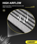 Close-up of high airflow activated carbon cabin air filter with arrows indicating airflow for Toyota, Lexus, Subaru, Mazda vehicles.