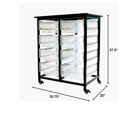 Hassle Free Heavy Duty Mobile Bin Storage Cart With Double Row Steel Rack And Eight Deep Clear Plastic Tub Bins, Slick Rolling Casters And Secure Anti Pull Handles To Keep Your Workshop Sorted