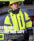 Worker wearing Hi Vis Waterproof Heated Safety Bomber Jacket For Men With Reflective Tape, Class 3 Winter Rain Gear Detachable Hood