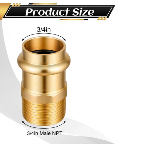 3/4-inch brass press fitting with male NPT adapter for Eight Piece Three Quarter Inch Brass Press Fittings Set for piping connections.