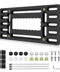 Front License Plate Mounting Kit No Drill Easy Install Universal Car Tag Adapter With Anti Theft Stainless Steel Screw Caps Weather Resistant ABS Bracket Fits Standard 6x12 Plates For Cars Trucks SUVs components displayed.
