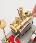 Old School Steam Engine Model That Really Works With Boiler And Reversible Horizontal Design Includes Generator And Vintage Lamp For Realistic Hands On STEM Learning And A Fun Gift For Adults, brass close-up