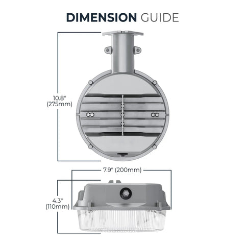 Dimensions of Outdoor Dusk To Dawn LED Security Area Light 2000 Lumens Wall Or Pole Mount Textured Gray Weatherproof Die Cast Aluminum.