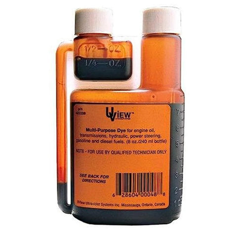 UVIEW Multi-Purpose Dye bottle, 8 oz, orange plastic container with two white caps for automotive fluids