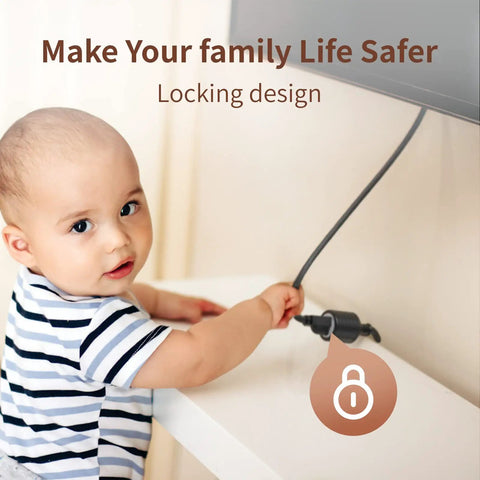 Child near Three Foot Indoor Outdoor Extension Cord With Flat Plug And Locking 3 Prong Grounded Design, safe for home use.